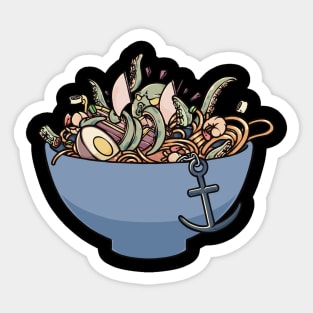 Tentacled Tug-of-War: Kraken Dragging a Ship in a Ramen Bowl Sticker